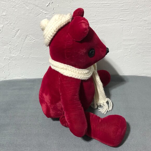 Vintage Handmade Velvet Red Teddy Bear Button Eyes Scarf & Hat - Picture 3 of 10